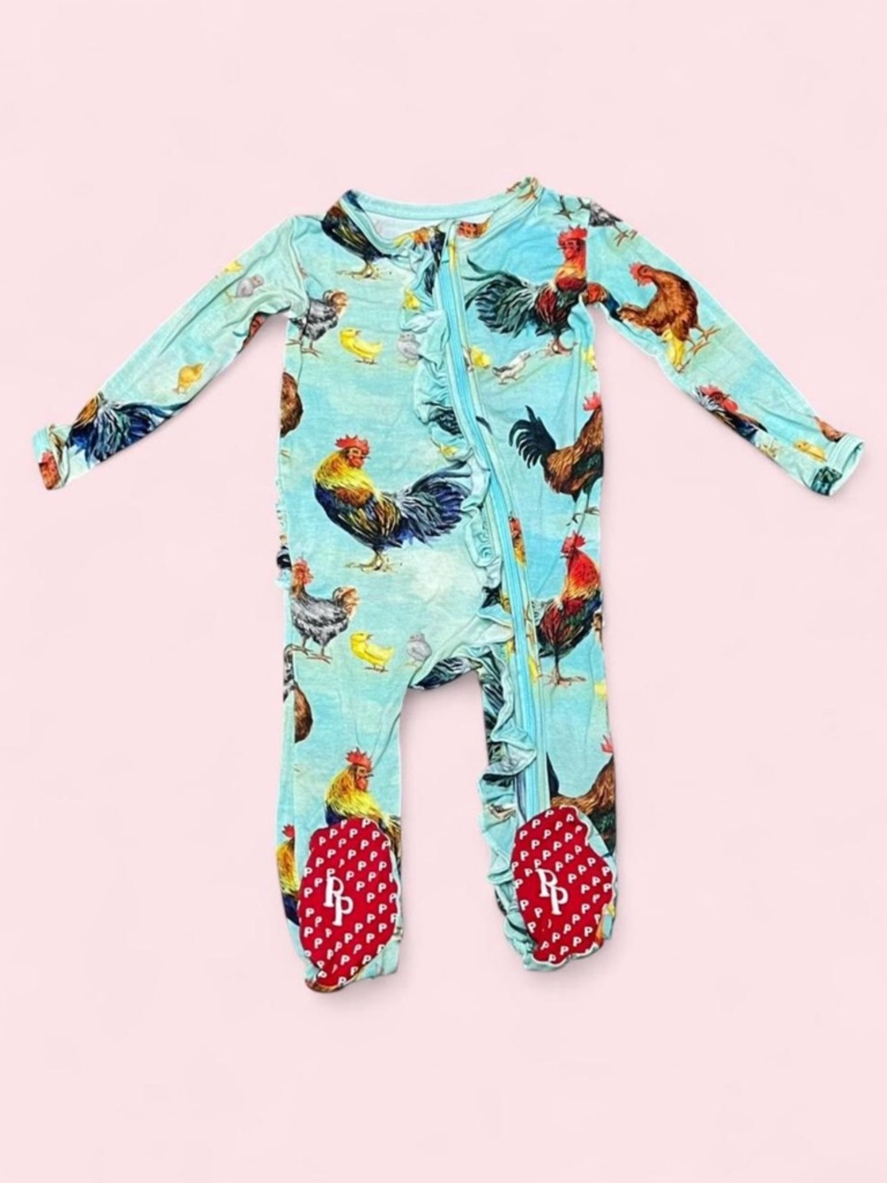 Posh Peanut Teal Chicken Bamboo Footie 6–9M Ruffle Butt Zipper Sleeper VGUC